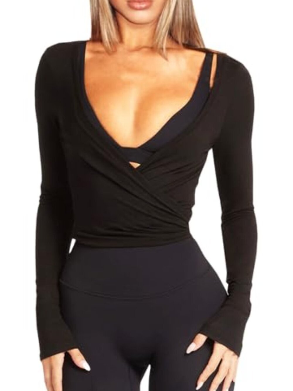 🆕 Women Wrap Top Ballet Long Sleeve Workout Crop Tops V Neck Yoga Going Out